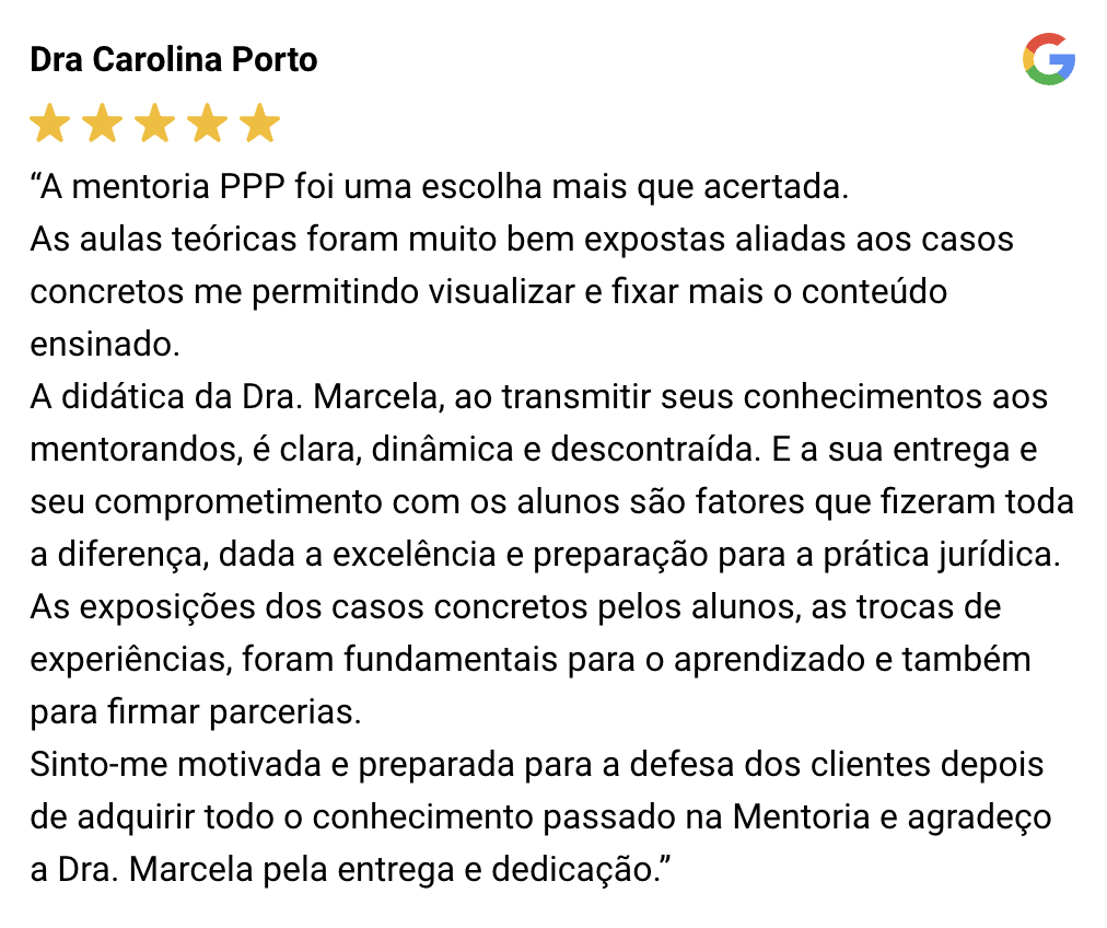 Print de feedback positivo sobre o suporte da Mentoria PPP Criminal.