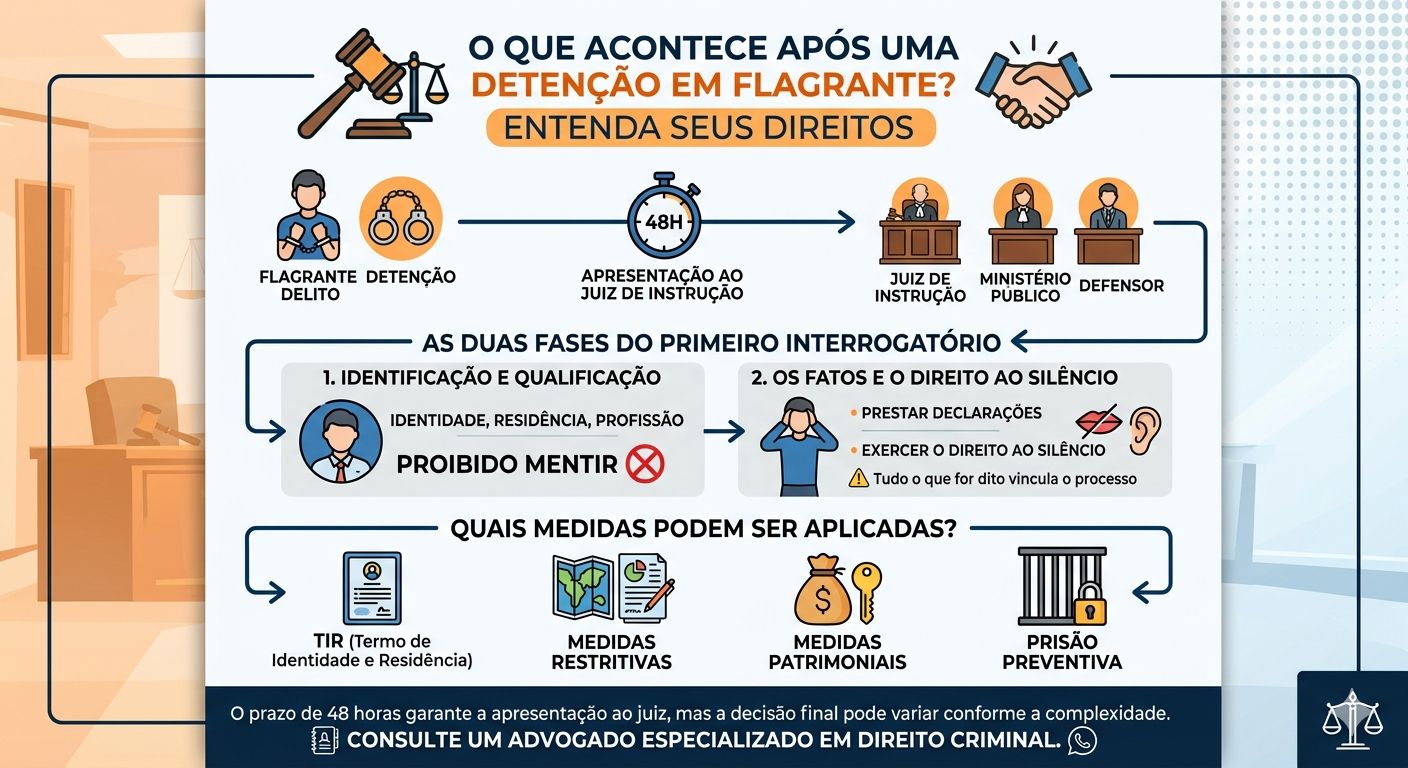 Saiba o que acontece após detenção em flagrante em Portugal, seus direitos, interrogatório judicial e possíveis medidas de coação no processo penal.